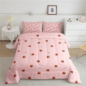 Bedding,Pink Strawberry Decor Comforter Set Full,For Women Girls Kids KawaiiRoom